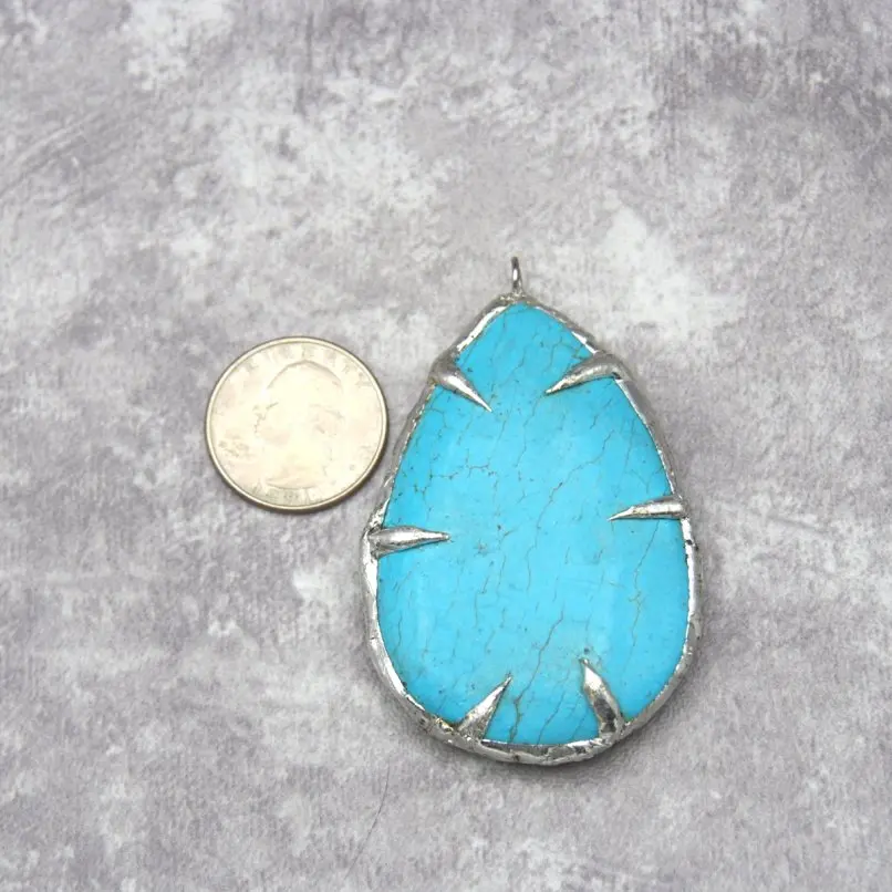 1Pcs Blue Teardrop Drop Shape Pendant Soldered Howlite Semi-precious Stone Handmade Copper  68x43mm Jewelry Special Gift