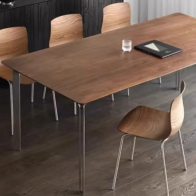 

Solid wood table North American black walnut dining table Italian medieval minimalist metal feet rectangular table modern light