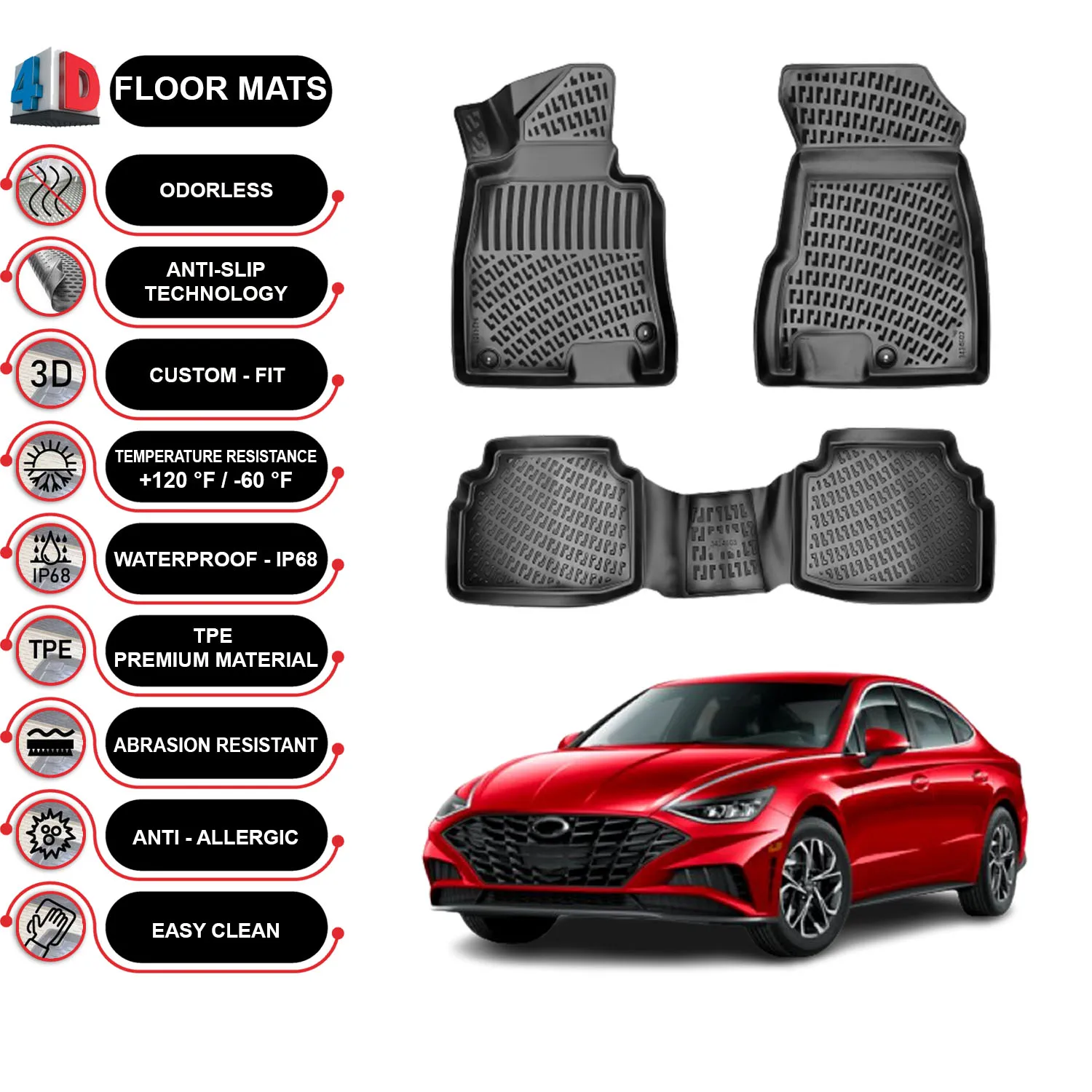 

Hyundai Sonata Hybrid - (2020-2023) Floor Mats Liner Waterproof 3D - (Black)