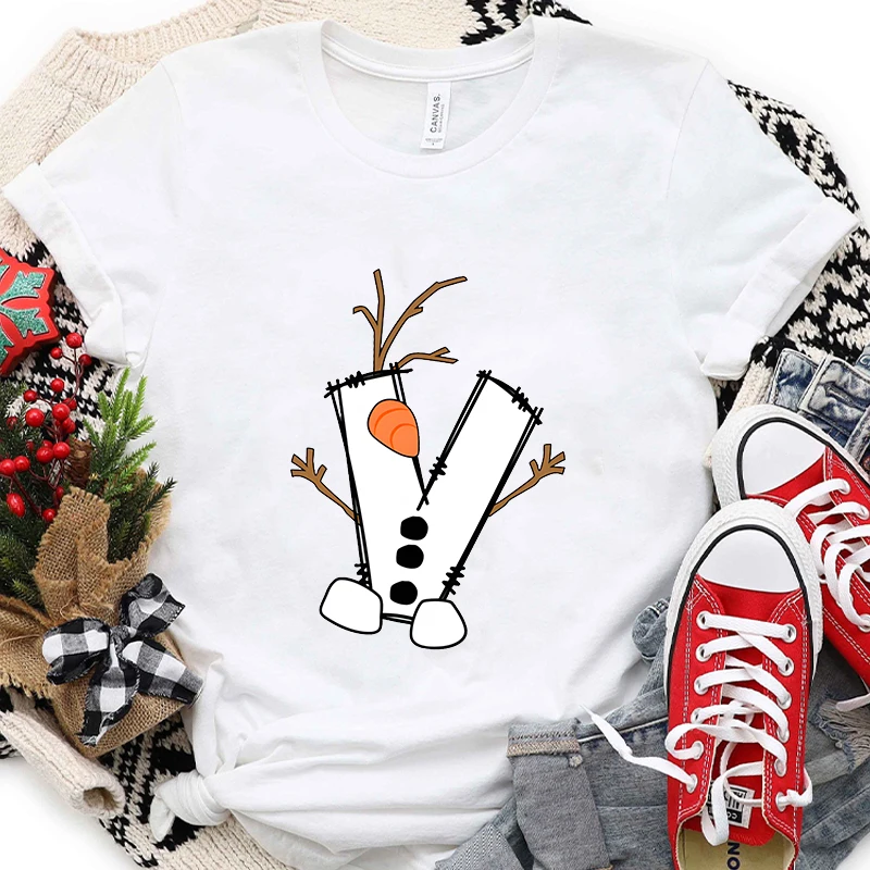 Women’s Xmas A-Z Alphabet Graphic T-shirt, Santa Letter Printed Casual Holiday Christmas Party Tops Female  Short Sleeve Tees