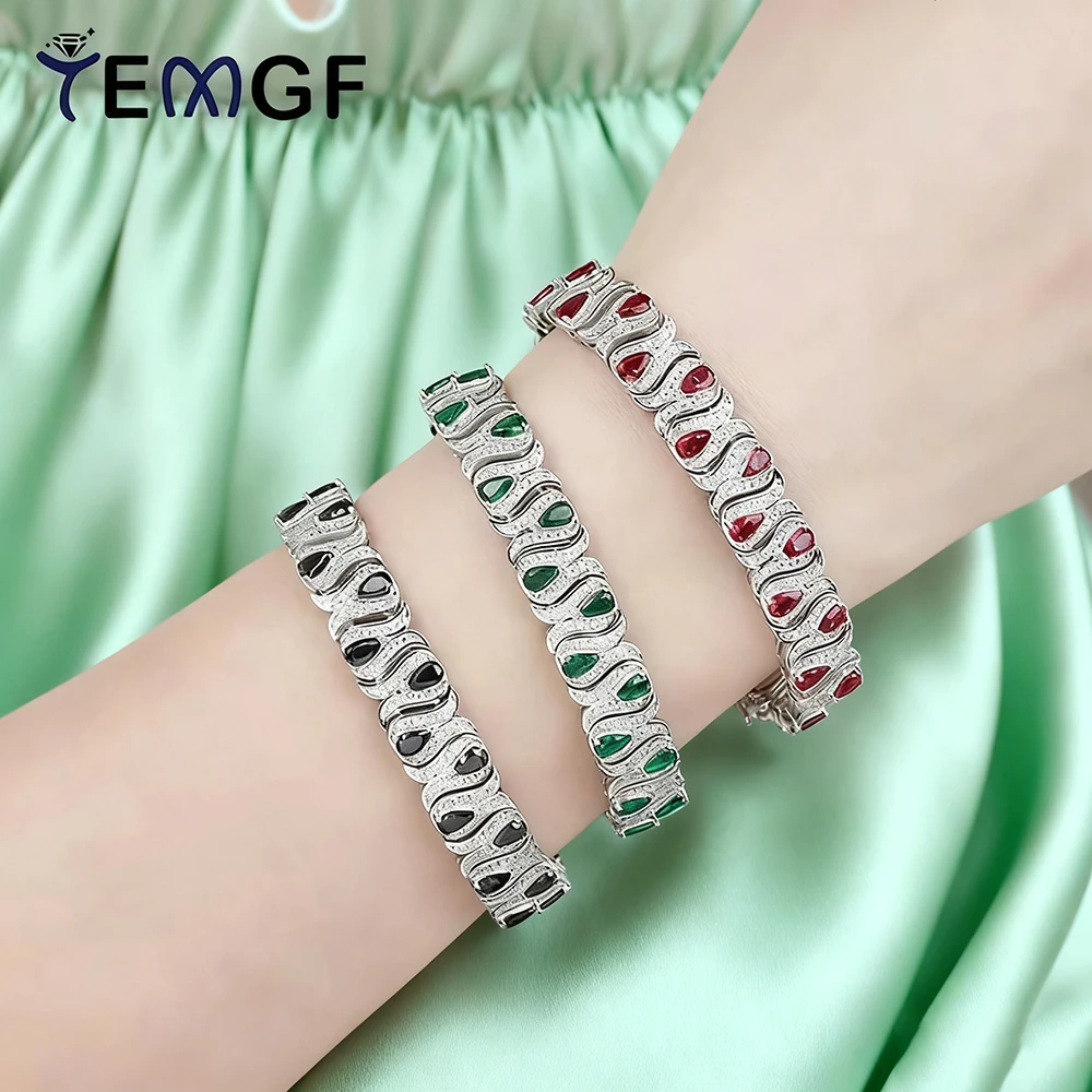TEMGF 3*5mm Cultivated Emerald/Ruby Gem Bracelet for Women S925 Silver Tulip Design Bangle Party Sparkling Luxury Jewelry Gifts