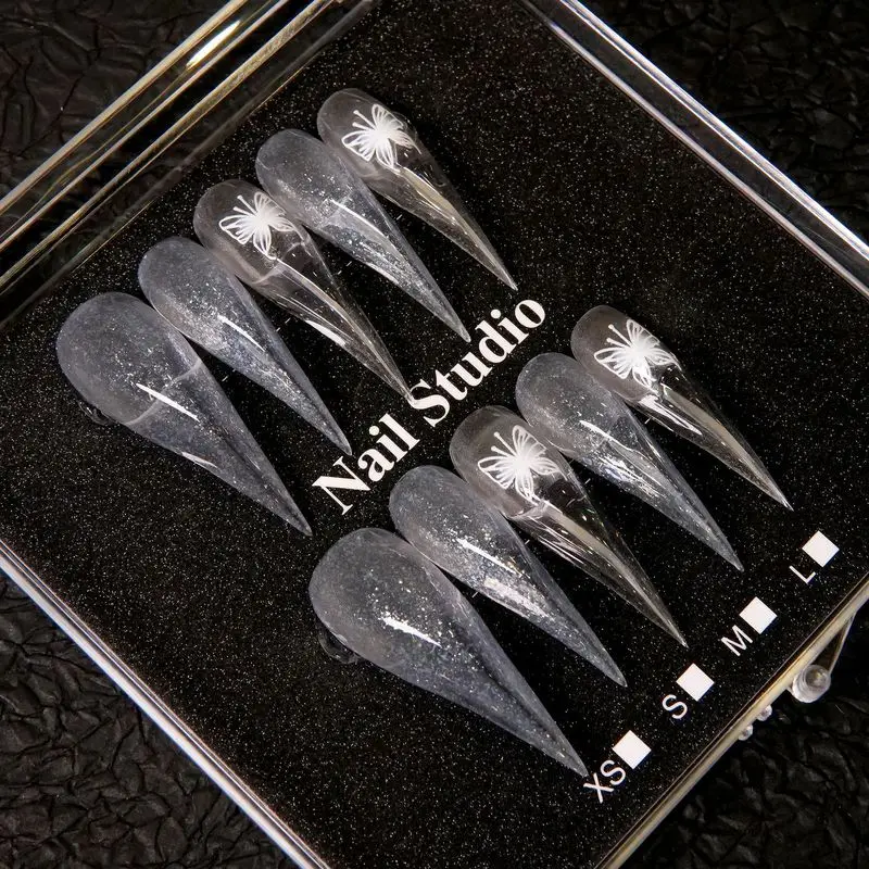 Handmade Clear Stiletto Press On Nails Silver Glitter White Butterfly Fake Nail Tips Reusable Long Pointed False Nails For Nail