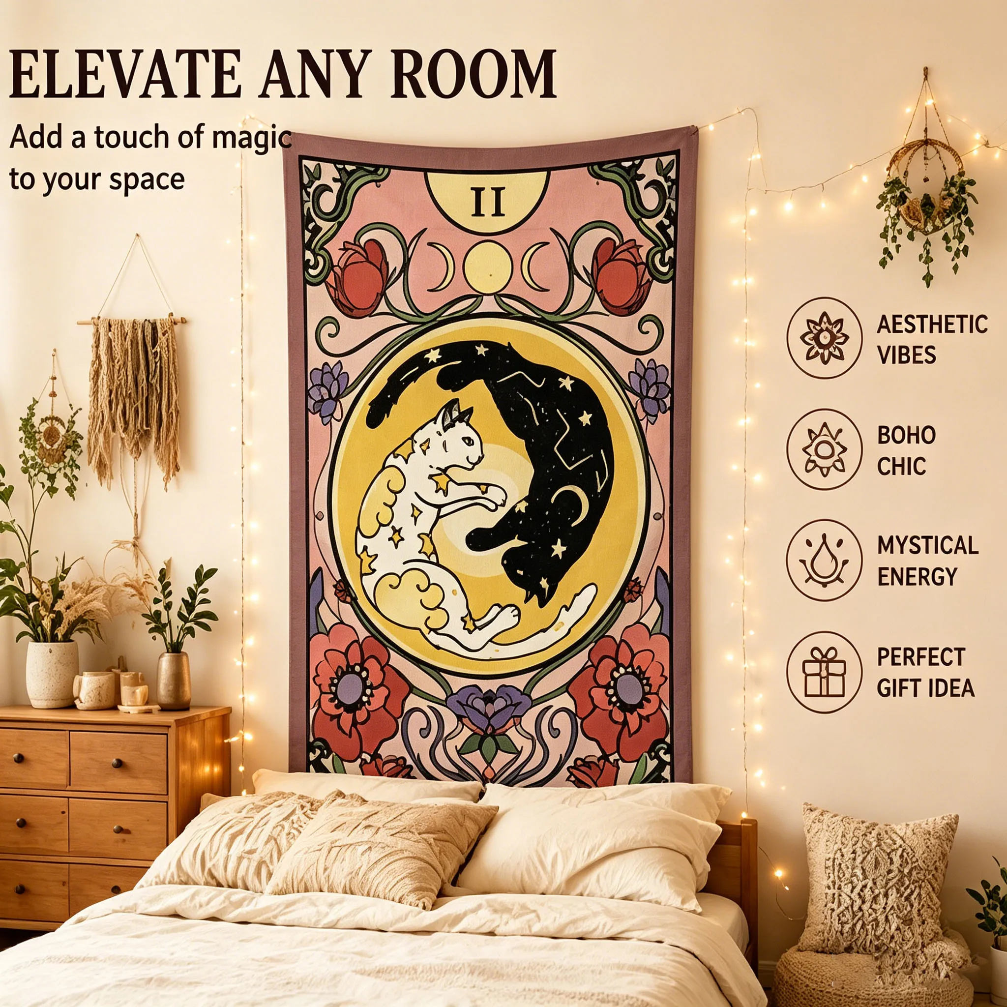 Yin Yang Cat The Lovers Tarot Card Tapestry Mystical Floral Moon Star Wall Hanging Boho Witchy Wall Art Decor for Bedroom Dorm