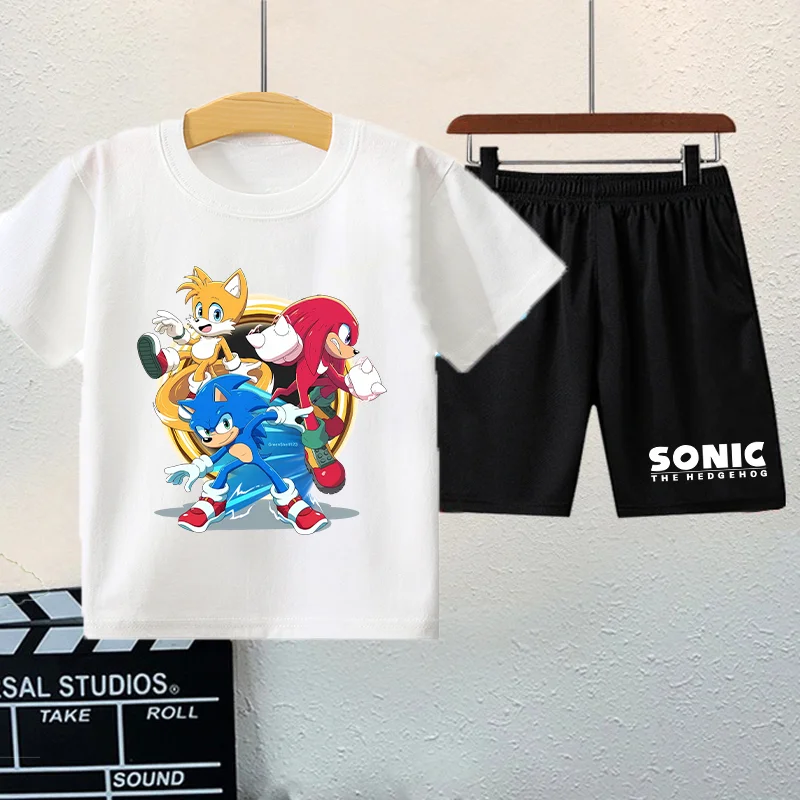 2PCS Sonics Boys Girls T-shirt and Shorts Set Cartoon Anime Graphic Print Fashion Short Sleeves Summer Clothes Party Gifts New