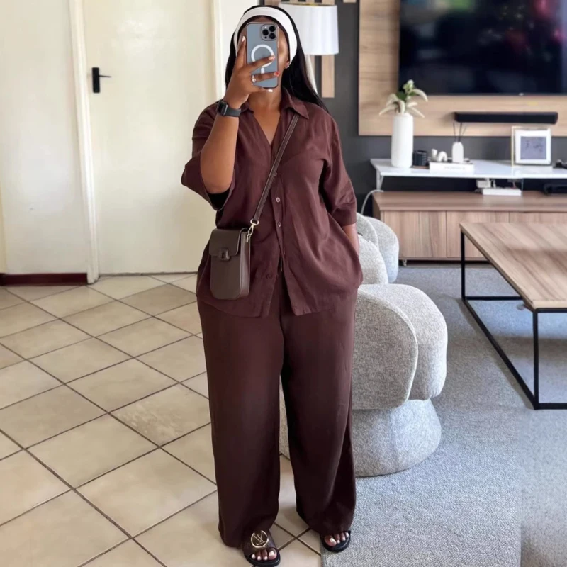 Elegant New African Fashion Women Two Piece Set Solid Color Loose Shirt And Wide Leg Pants Set Ladies Casual Suits