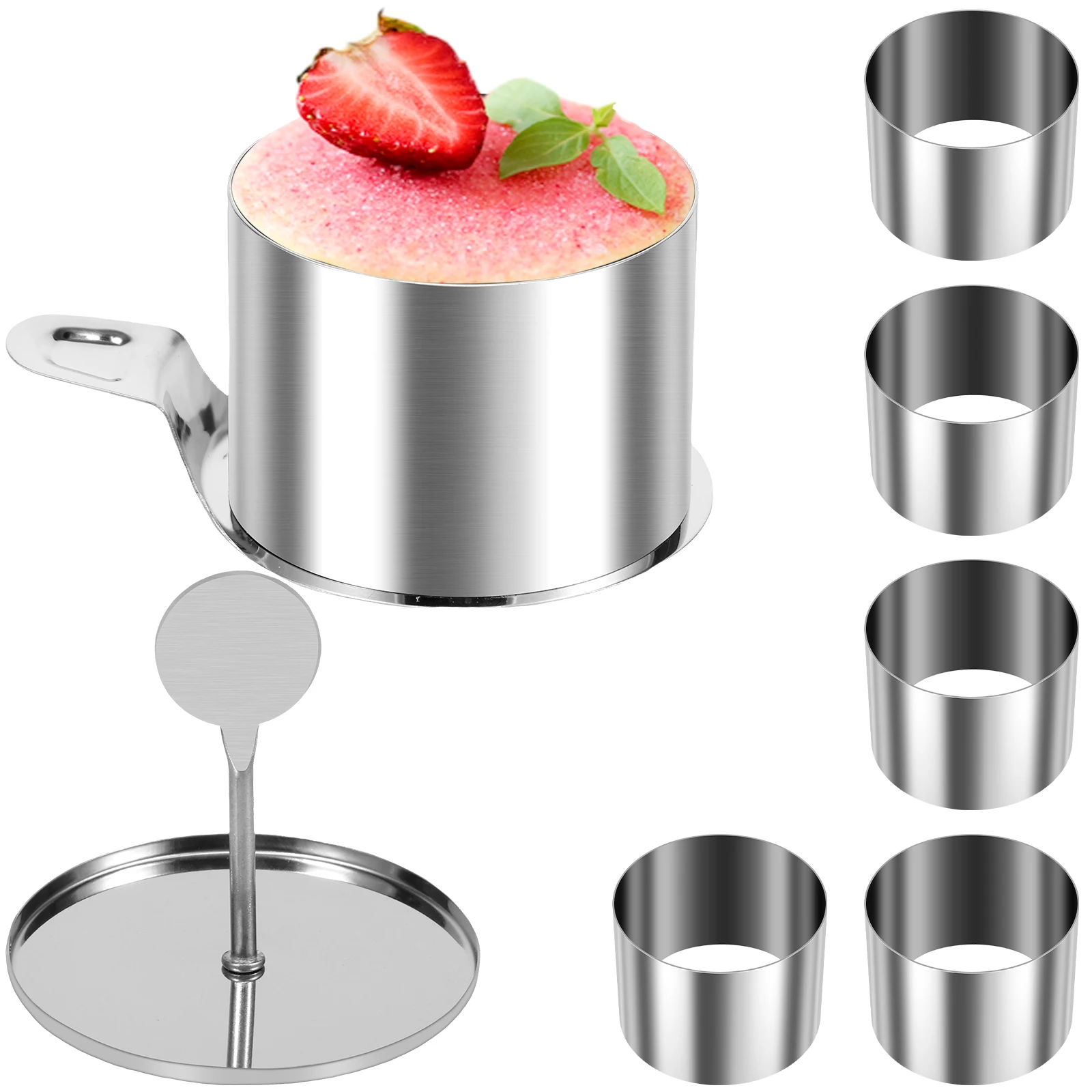6 Stück Edelstahl-Kuchenringform, rund, Dessert-Mousse-Backform, Herzform, Gebäckring mit Drücker und Heber zum Backen