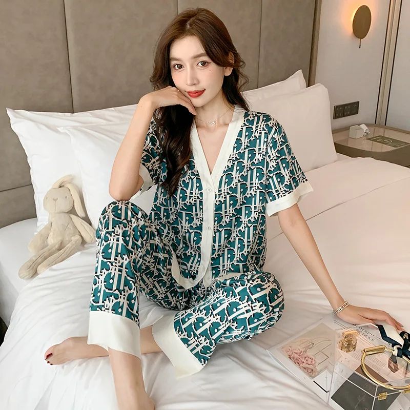 Short Sleeve Female Sleep Set Print Flower 2PCS Pajamas Suit Casual Summer New Sleepwear Intimate Lingerie With Pocket