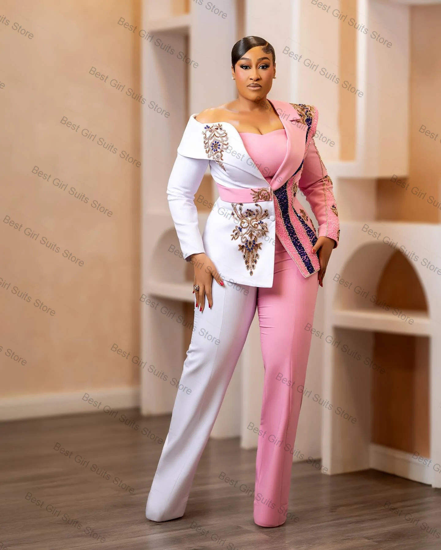 Różowo-biały damski garnitur 2-częściowy: marynarka + spodnie, zdobiony kryształkami, elegancki, do biura, żakiet, szyty na miarę smoking ślubny, płaszcz na studniówkę