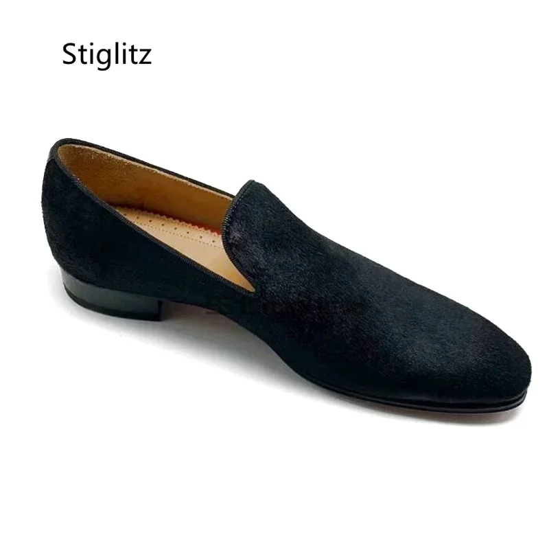 Black Horsehair Loafers for Men Round Toe Shallow Slip On High Quality Formal Dress Wedding Shoes Casual Flats Male Shoes