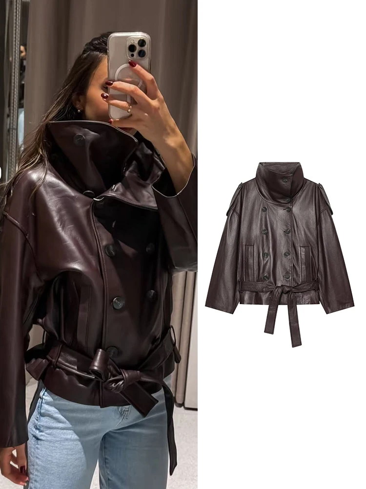 TFMLN New Women's Belted Faux Leather Jackets Autumn Winter Elegant Chic Streetwear Stand-up Collar Jacket With Welt Pockets