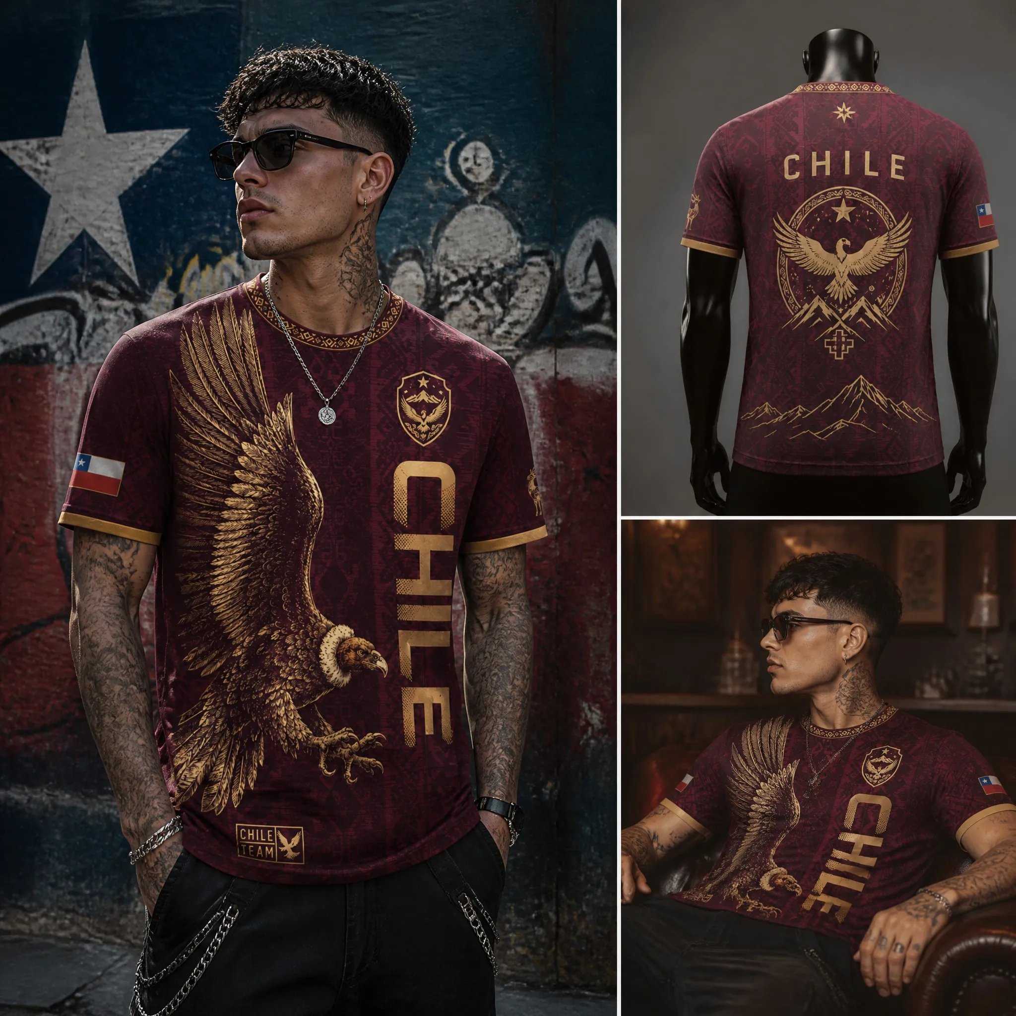 Mens Crew Neck T Shirt Chile Deep Green Gold Eagle Deer Mountain Graphic Short Sleeve Casual Outdoor Team Style Top Wear New Tee