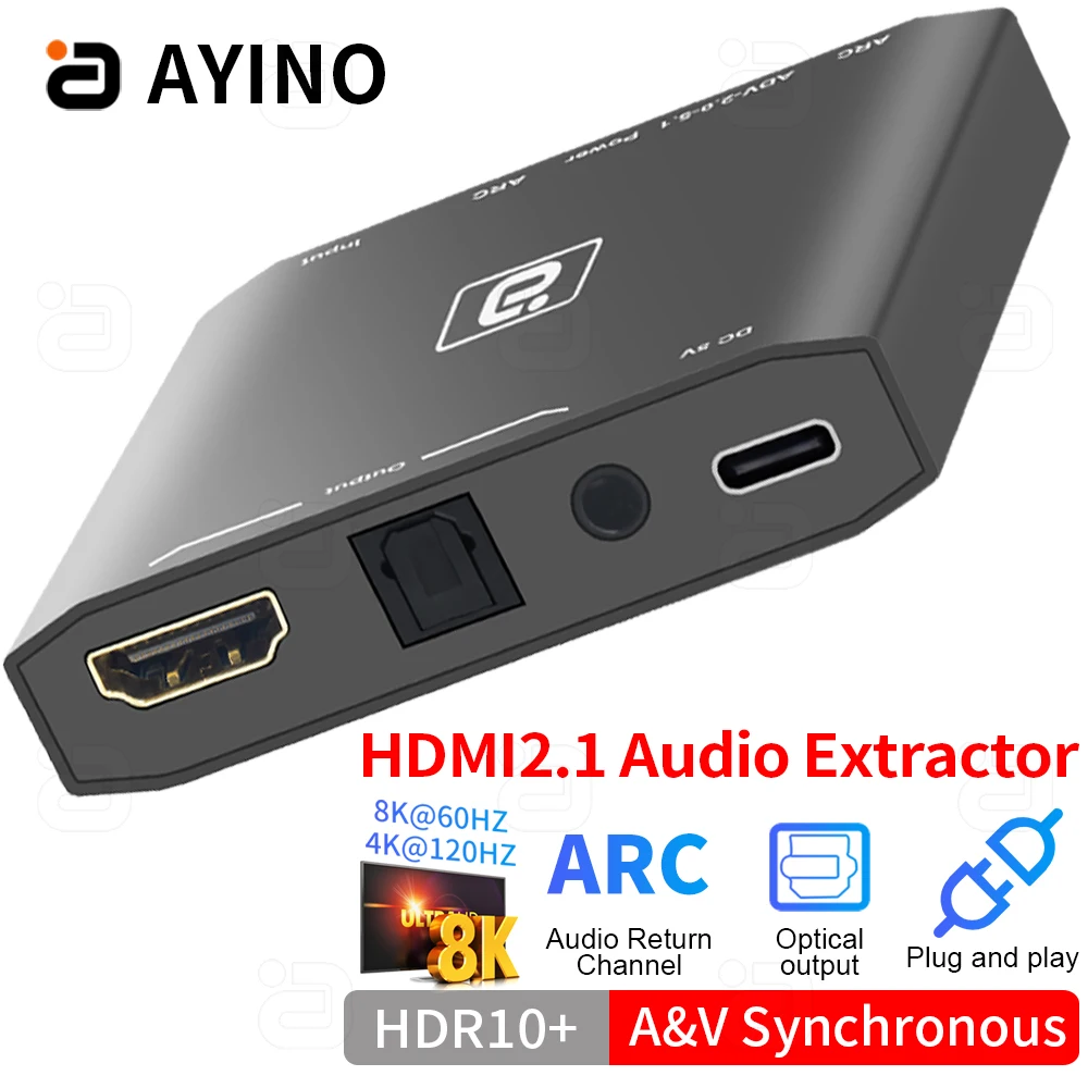 HDMI2.1 Audio Extractor 8K 60Hz 4K120Hz HDR HDMI-compatible Audio Converter Splitter Adapter to Optical TOSLINK SPDIF AUX 3.5mm