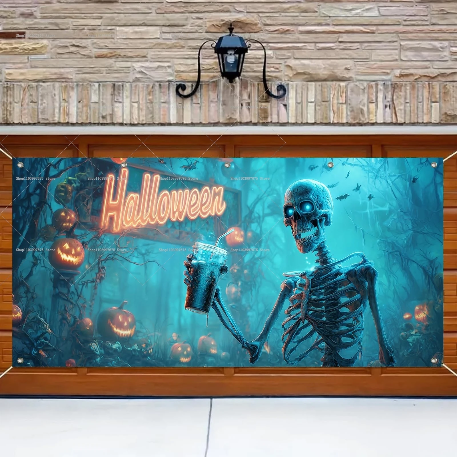 2D Scary Skeleton Scene Garage Door Banners Happy Halloween Party Decor Photography Backdrop Outdoor Walls Events Background