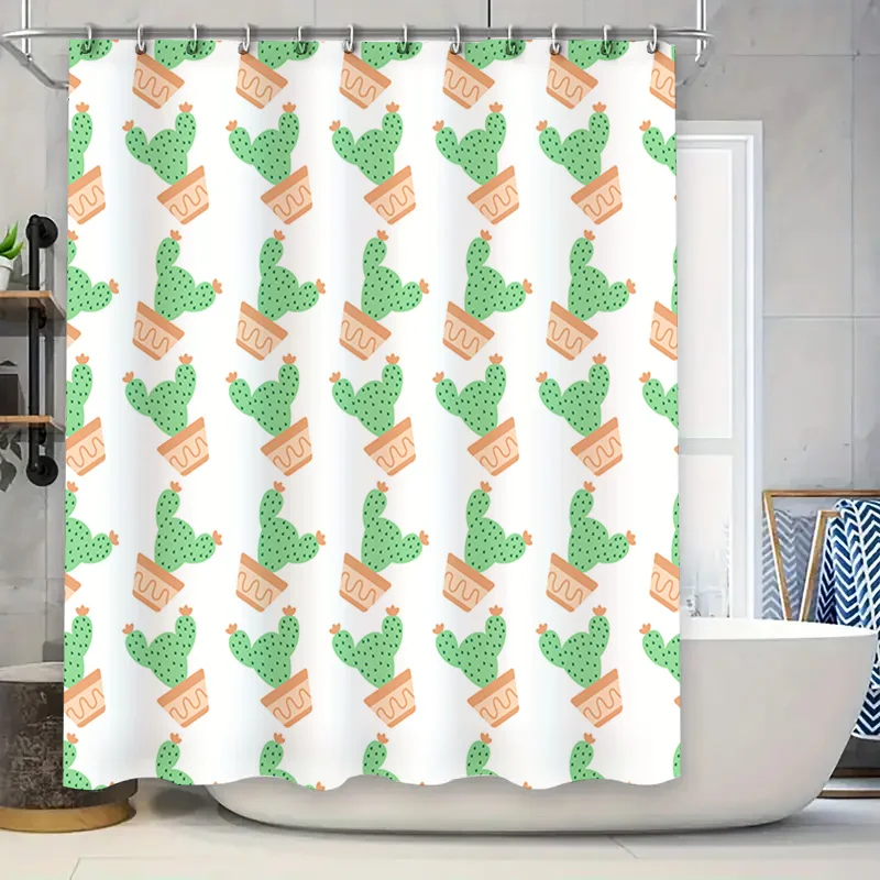 

Green Cactus Plant Pattern Shower Curtain Waterproof Fabric Decorative Bathroom Accessories Cute Flower Garden Design (White Gre