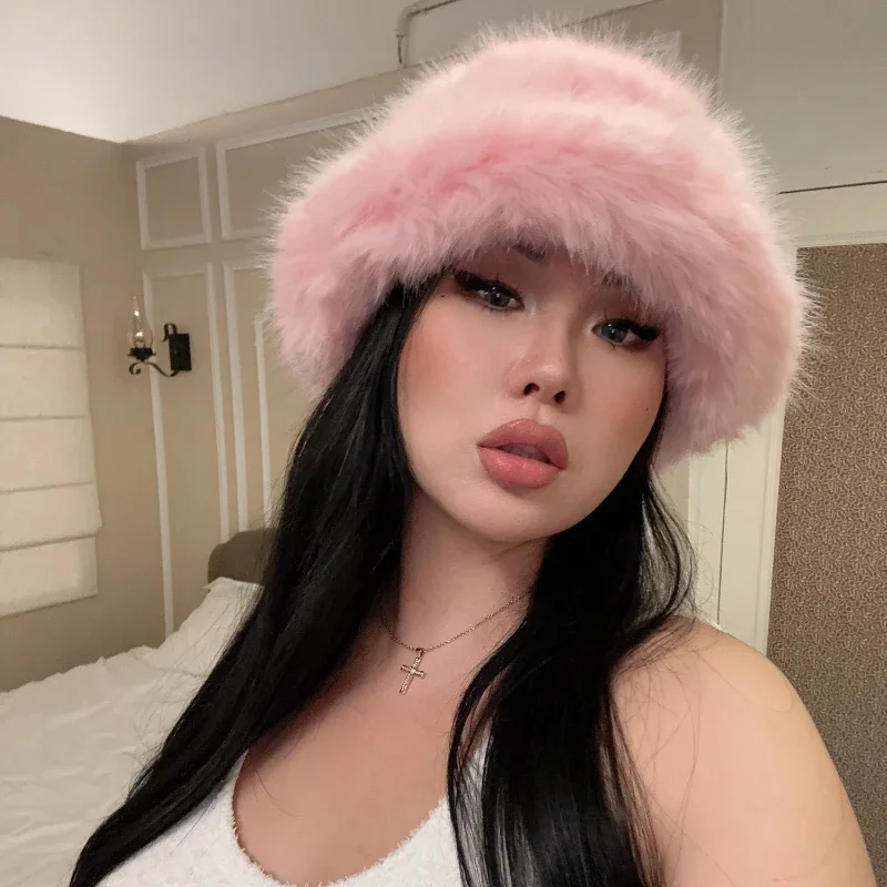 2023 y2k Fluffy Faux Fur Bucket Hat Women Rabbit Fur Warm Thick Plush Winter Hat Lady Luxury Fashion Furry Panama Fisherman Cap