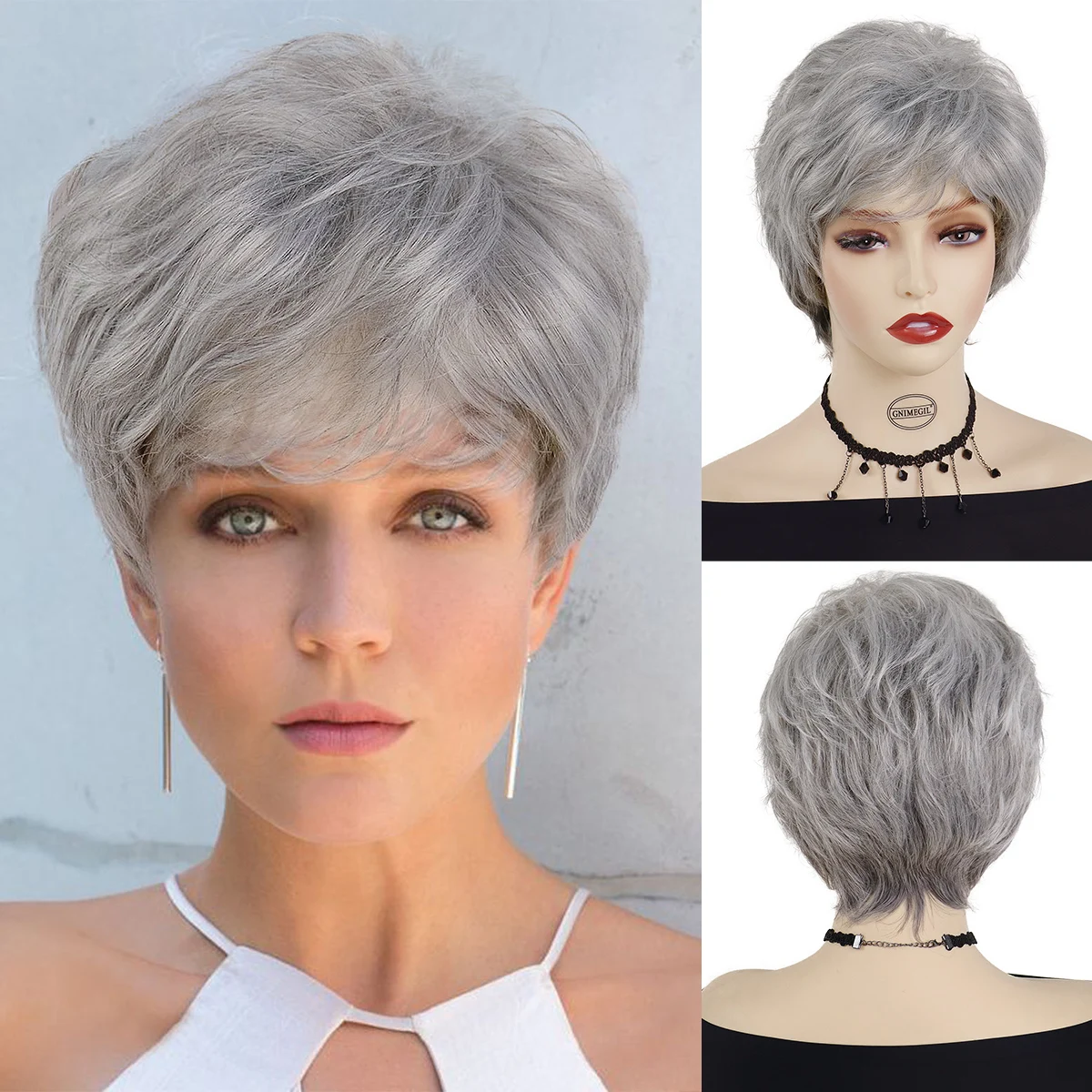 

Synthetic Cosplay Wigs for Women Short Haircuts Mommy Wig with Bangs Old Lady Costume Carnival Party Wigs for Girls Silver Grey