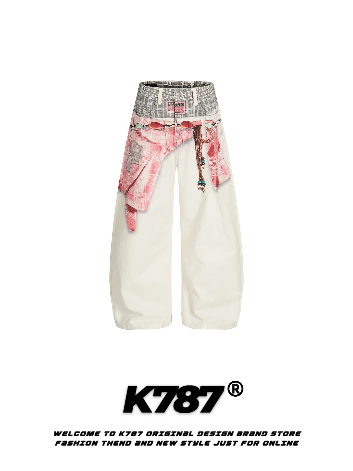

K787 American Retro Printed Denim Pants Women Loose Slimming Casual Wide Leg Hot Girl Street Knife Long Pants High Waist