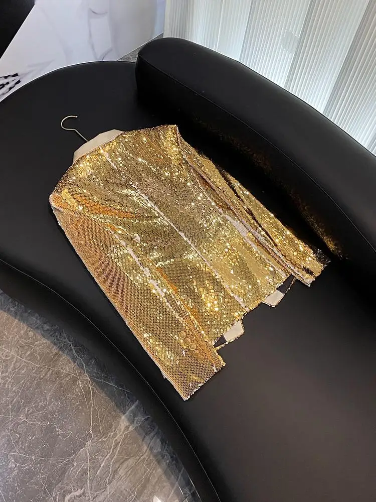 Ele Double-Colored Sequin  Women's Heavy-Looking Luxury Small  Commute Sle Tailored Fit Long Sve Coat