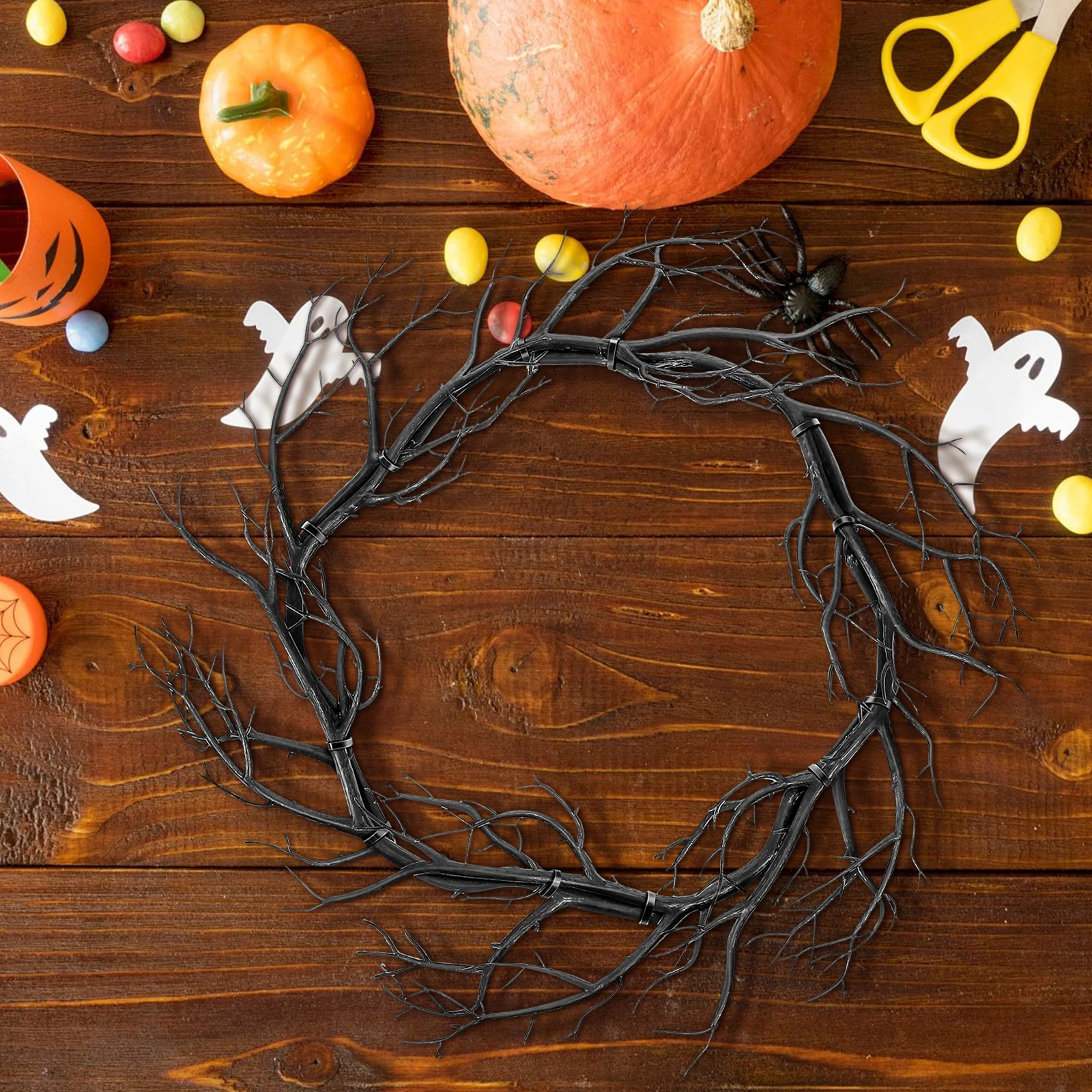 

Luxshiny Black Twig Wreath Unique Halloween Door Decor Handmade Outdoor Indoor Party Decoration