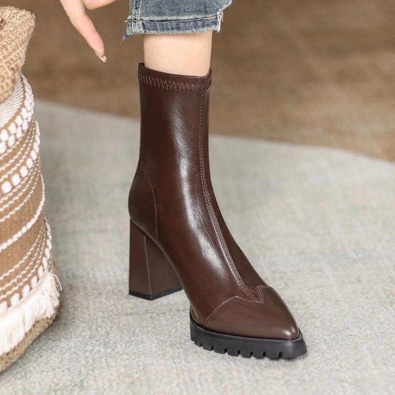 أشار تو النساء حذاء من الجلد عالية الكعب أحذية مثيرة شتاء 2025 ماركة مضخات مكتنزة أحذية بوت قصيرة البريدي تشيلسي الأحذية Mujer Zapatos #3