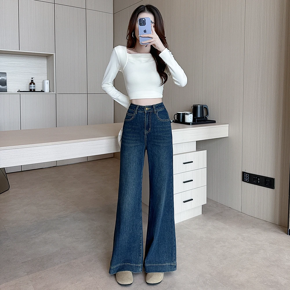 Real Shot Autumn American‑Style Stretchy Versatile Denim Straight‑Leg Wide‑Leg Pants For Petite Women - view 4