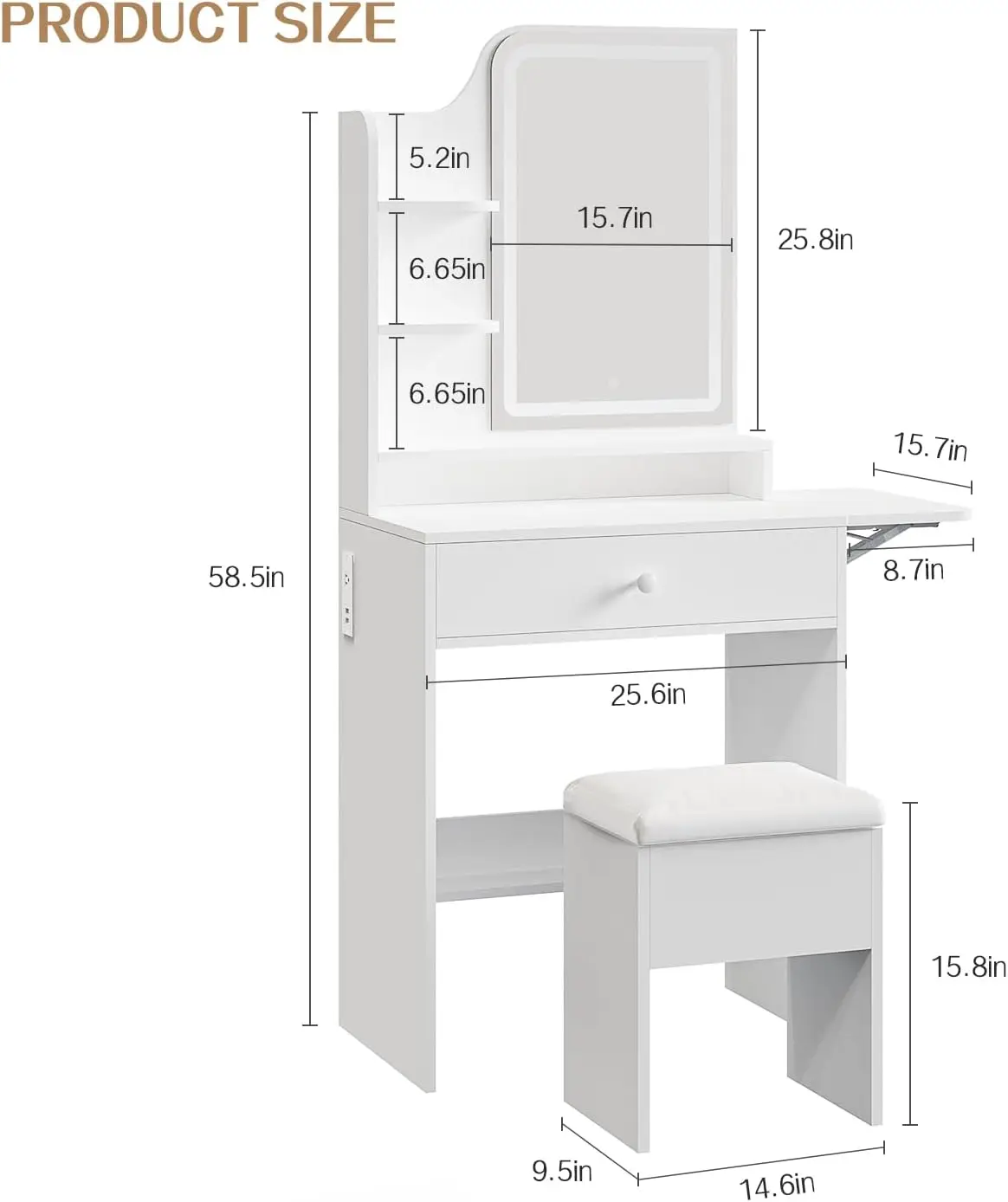 White Makeup Vanity Set for Small Spaces, with LED Mirror, 3 Light Modes and Charging Station