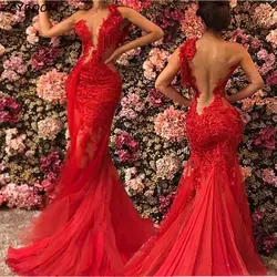 Robe de Soirée de Forme Sirène Rouge pour Femme, Tenue Sexy, Élégante, en Dentelle, avec Appliques, en Fibre, Longue, pour Bal de Promo, 2023