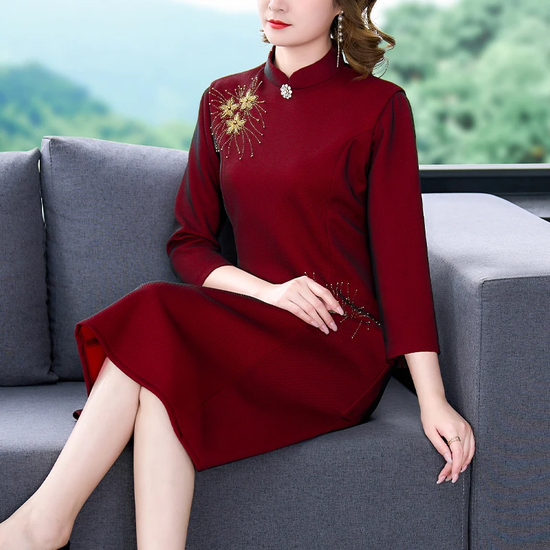 

Новинка 2023, модное платье Qipao, женское осеннее платье с воротником-стойкой и рукавом 9/4, свободное повседневное праздничное платье