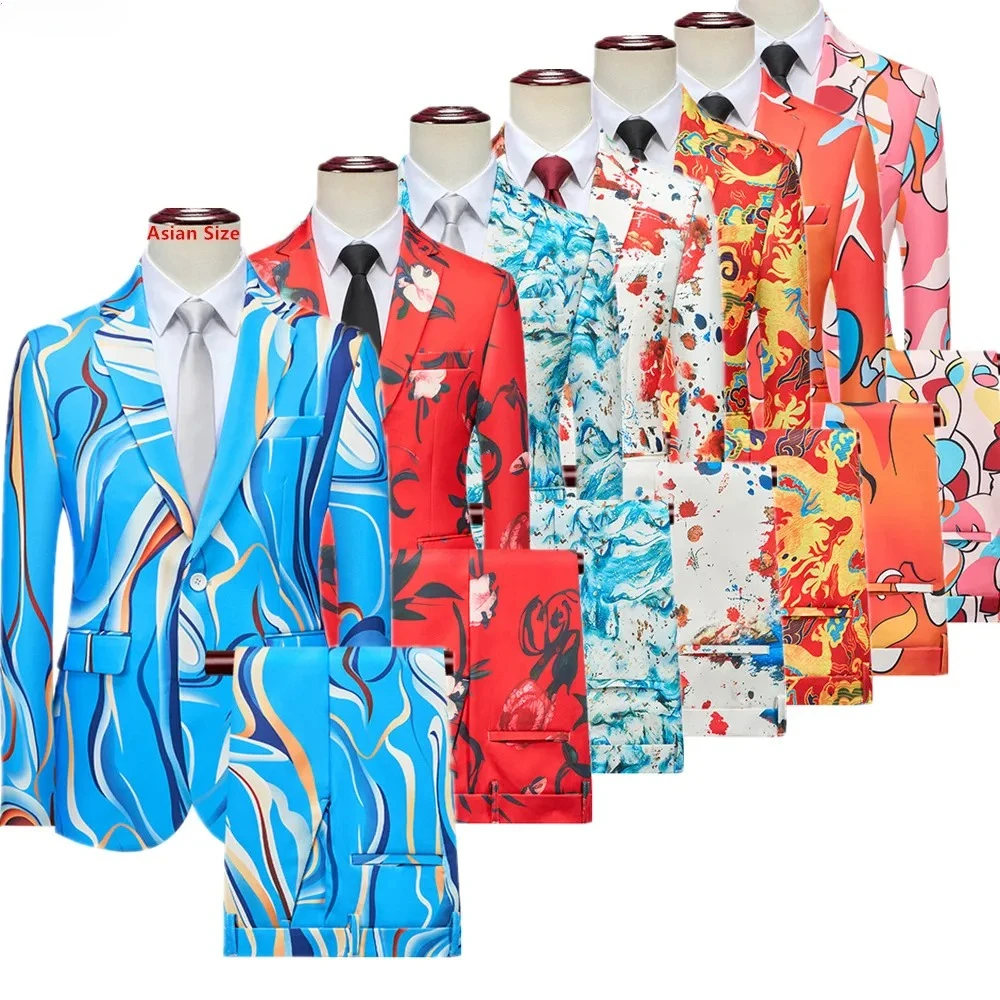 

Vitality Wind Pattern Men's Suit Set, Vibrant Blue&Colorful Print,Asian Sizes Two-Piece,Casual & Stylish Outfit for Daily Wear‌.