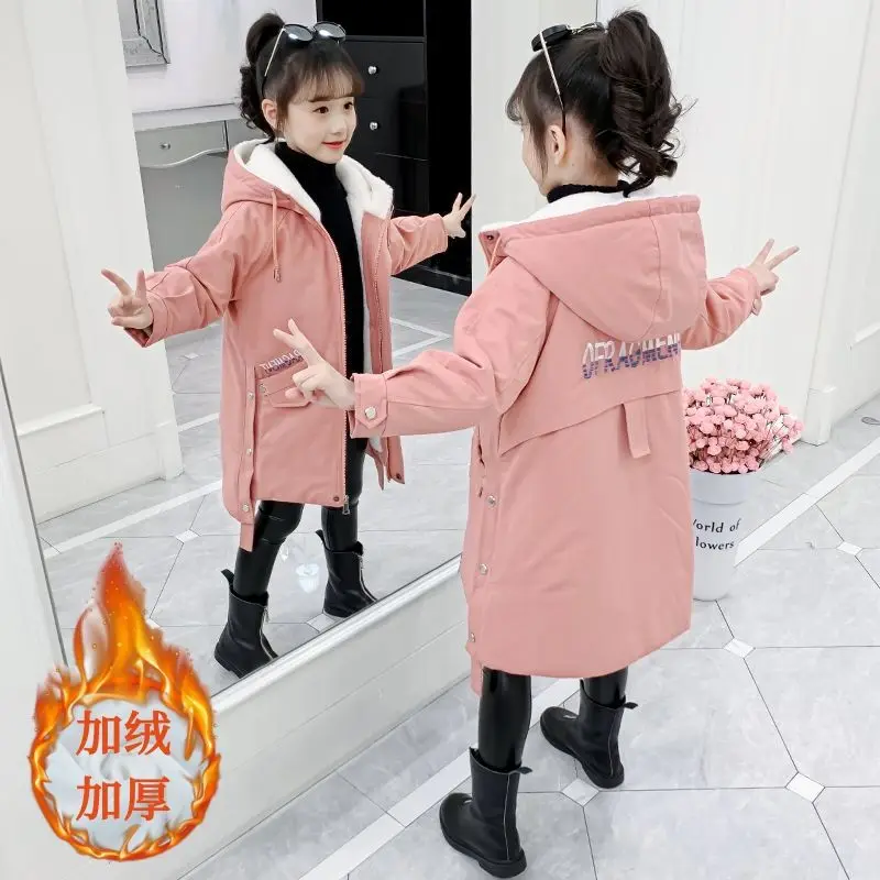 

Girls' winter cotton jacket with plush and thick coat, medium to long style, medium to large size, children's clothing style, ov