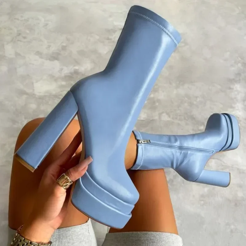 

Women Sexy Chunky High Heels Ankle Boots 2025 Winter New Fashion Platform Elasticity Boots Punk Zipper Thick Sole Booties
