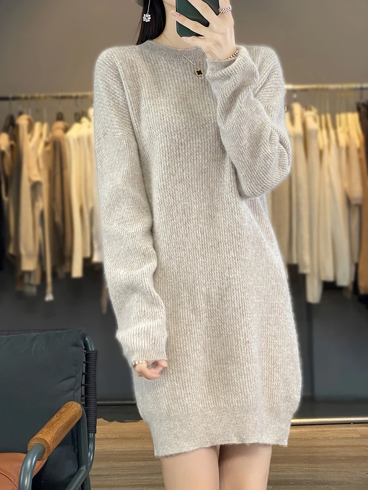 

Choice Women's 100% Mink Cashmere Knitted Dress Spring Winter Autumn O-Neck Pullover Sweater Hot Sale Jumpers Female Dresses