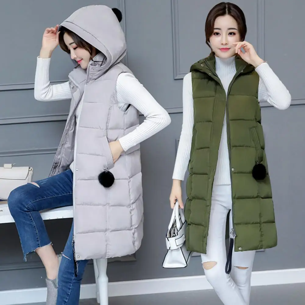 2024 New Winter Sleeveless Waistcoats Women Black Hooded Long Parkas Vest Warm Zipper Clothes Down Coats Parka Outerwear