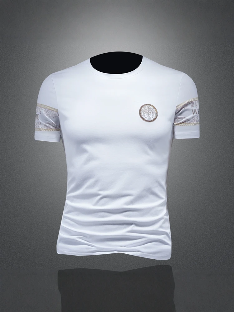 

Мужская футболка с круглым вырезом и коротким рукавом, летняя, новая, из шелкового хлопка, приталенная, с вышивкой, дышащая, больших размеров