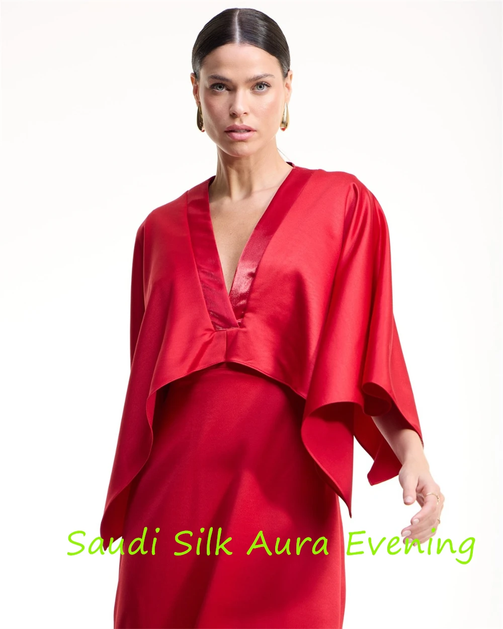 CustomizedCustomized Luxury Red Satin Evening Dress V-Neck 3/4 Sleeves Party Dress Zipper Back Bespoke Occasion Gowns Exquisite