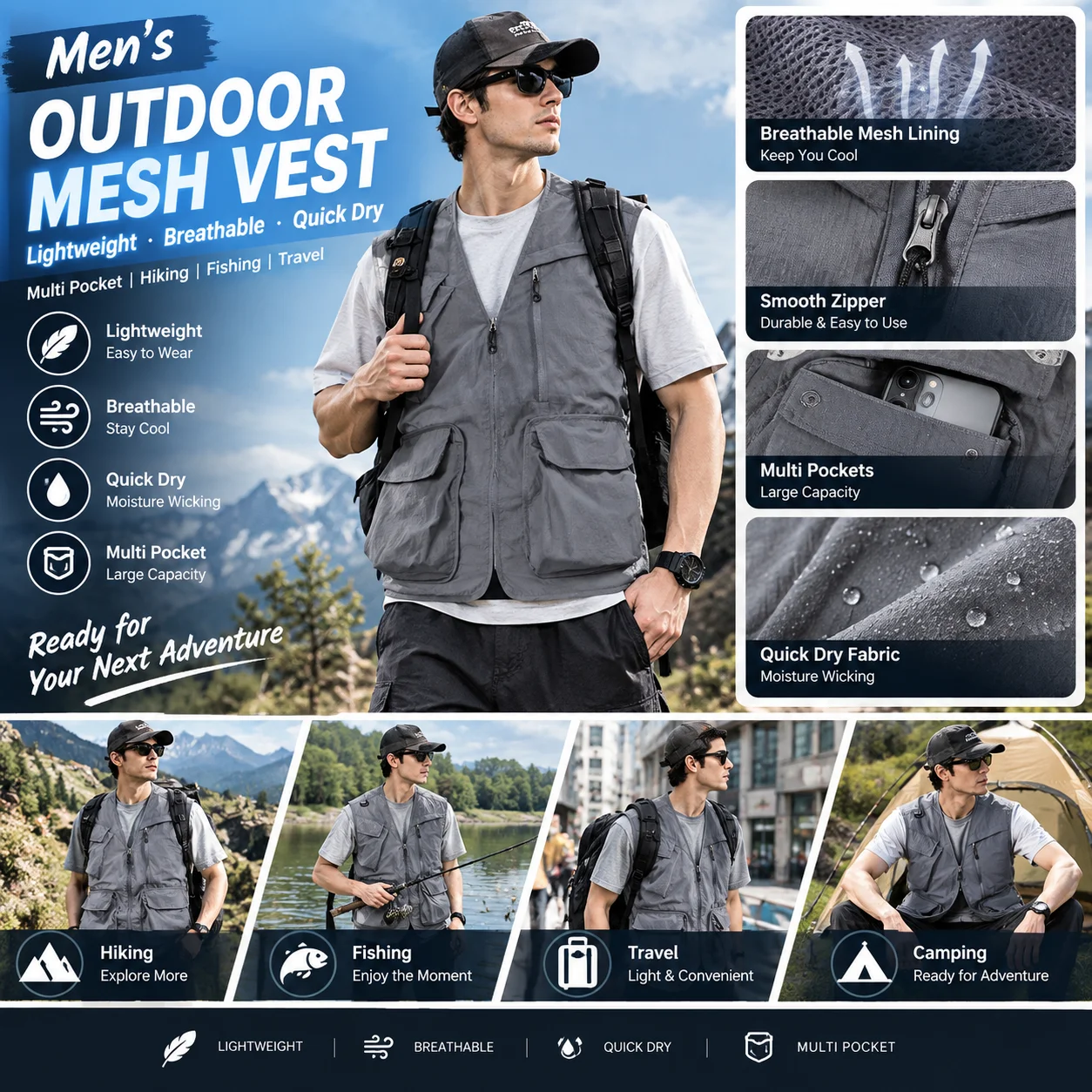 Men Summer Mesh Vest Lightweight Quick Dry Breathable Multi Pocket Outdoor Waistcoat Hiking Fishing Sleeveless Jacket