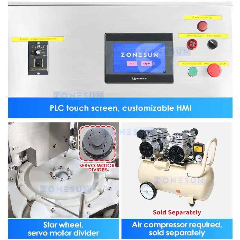 ZONESUN Automatic Vial Liquid Filling Capping Packaging Machine Small Bottle Equipment with Vibratory Bowl Cap Feeder ZS-AFC20
