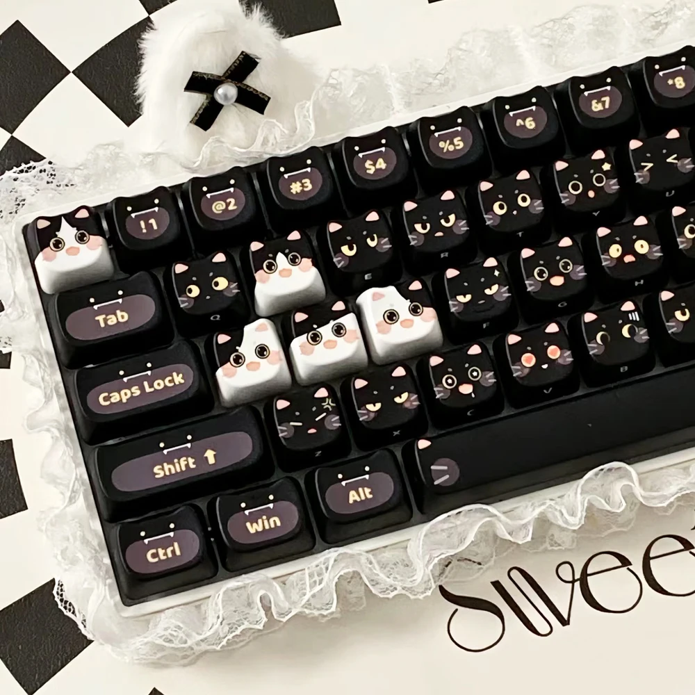 

142 Keys Cute Cartoon Black Cat Head Theme MAO Profile Keycaps PBT Dye Sublimation Key Caps for Mechanical Keyboard MX Switch