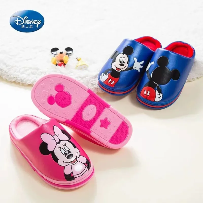 Disney Zimowe dziecięce kapcie bawełniane Baby Boy Girl Cartoon Mickey Minnie Print Indoor Warmth Non Slip Kids PU Home Shoes 28-33