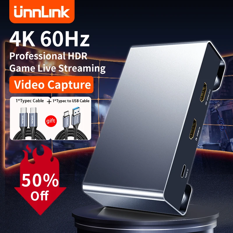 

Unnlink Video Capture Card Box 4K 64Hz HDMI Type-C Game Video Live Streaming Recording With Earphones Mic for PS5 Switch Camera