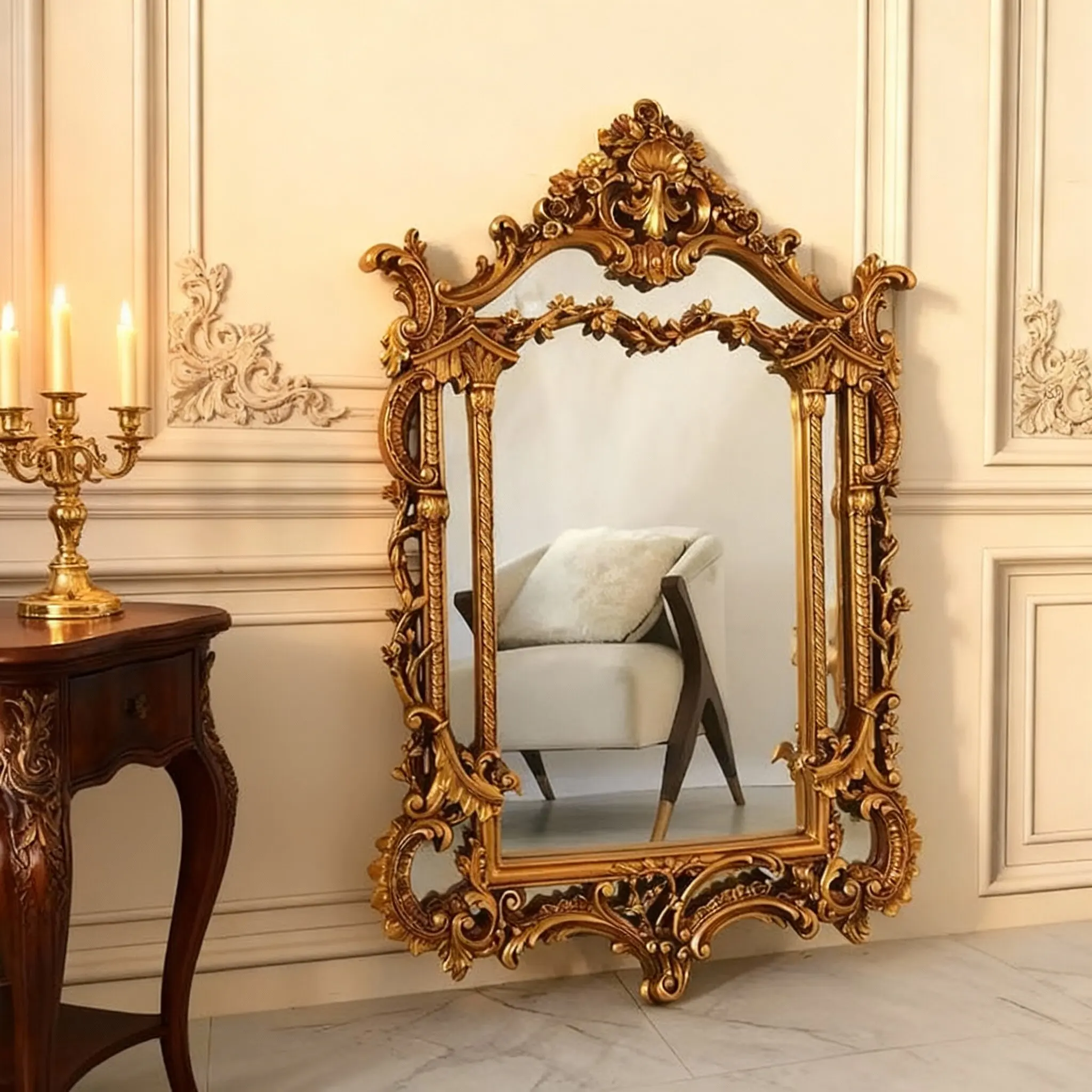 French retro carved full-length mirror designer floor-to-ceiling fitting mirror