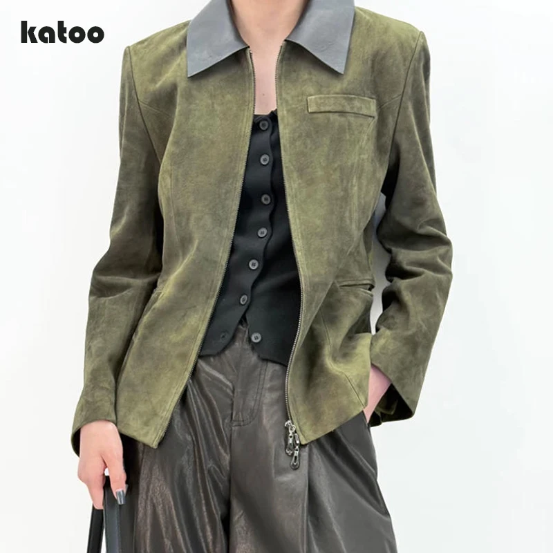Retro Stitching Real Suede Leather Jacket Spring Autumn Women Lapel Double Zipper Brown/Green/Coffee Slim Sheepskin Coat Trendy
