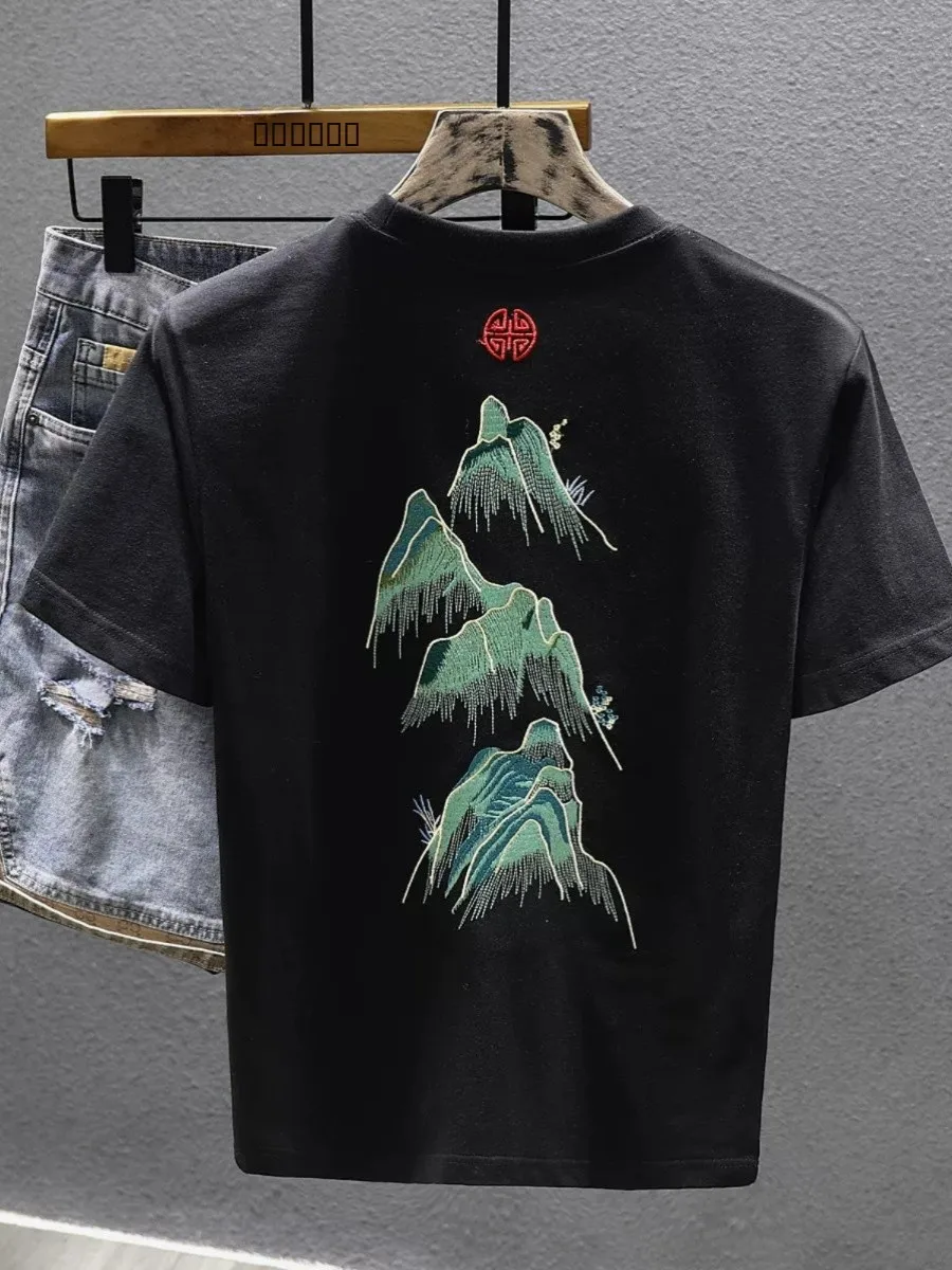 

Модная хлопковая футболка с вышивкой и принтом для мужчин, повседневная, летняя, молодежная, антибактериальная