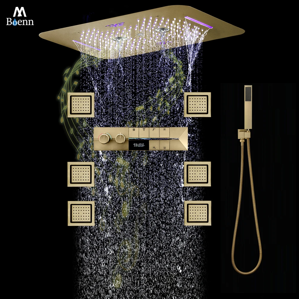 M Boenn Luxurious Bathroom Faucet Shower massage System Set Brushed Gold Shower Head Concealed Push Button Type Thermostat mixer