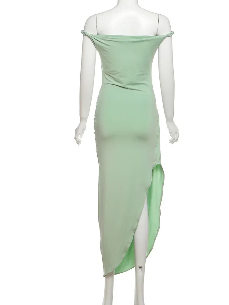 فستان Chaxiaoa غير منتظم مُزين بقطع القماش للنساء مثير برقبة مائلة وفتحة جانبية أنيق وضيق ومطاط للصيف نحيل ماكسي Bodycon