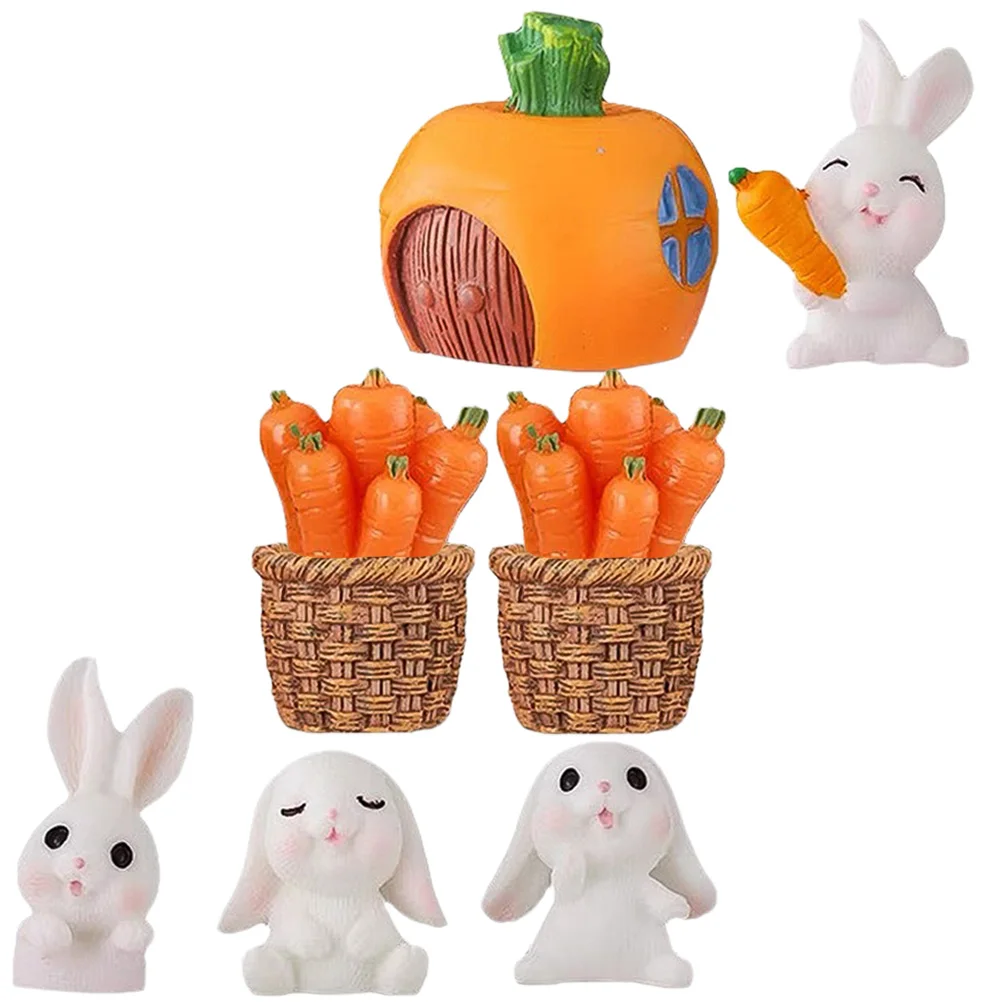 

9pcs Rabbit Decor Easter nament Miniature Bunny Figure Straw Basket Carrot Garden Rabbit Figure Bedroom Table Shelf