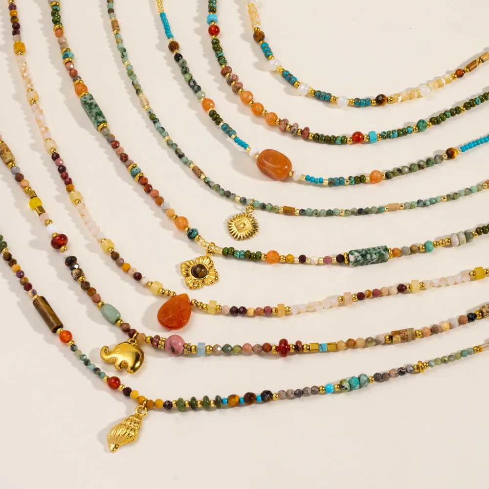 

V. Stainless Steel Colorful Summer Natural Stone Bead Handmade Chain Necklace Fashion Aesthetic Jewelry Wholesale