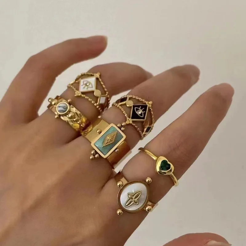 

PAPERPLUS | Bohemian Stainless Steel Open Ring for Women. Natural Stone Vintage Jewelry. Waterproof. Trendy