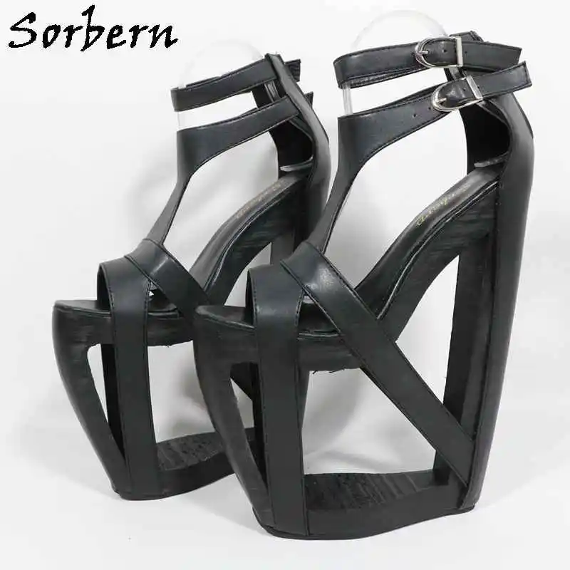 Sorbern 25cm Black Hollow Out Wedge Heel Sandals Ankle Strap T-strap Summer Shoes Fretwok Heels Sissy Boy Evening Party Footwear