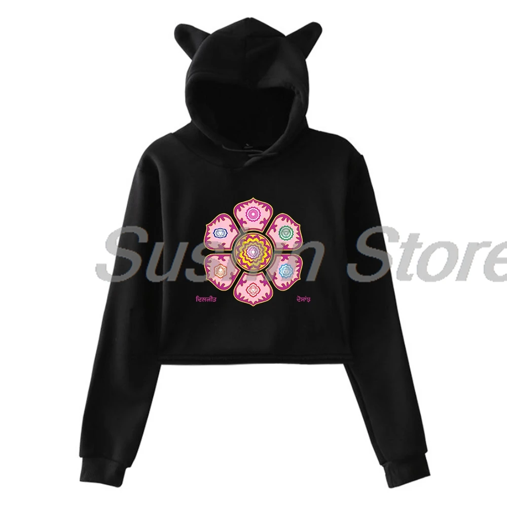 

Diljit Dosanjh Chakra Pullover 2024 Dil-Luminati Tour Female Cat Ears Hoodie Long Sleeve Crop Top Women's Clothes